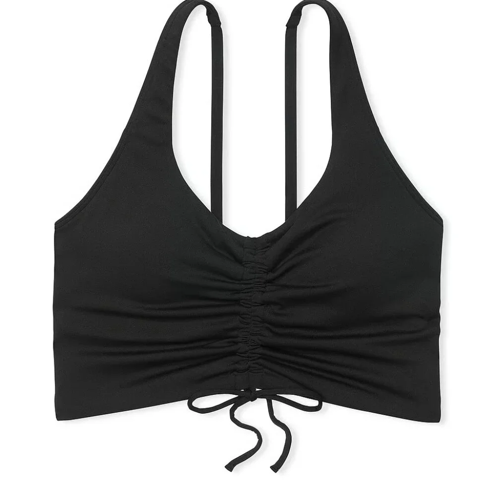 Victoria's Secret Pink - Sports Bra M DD Black Ruched Tie Plunge Low Impact New